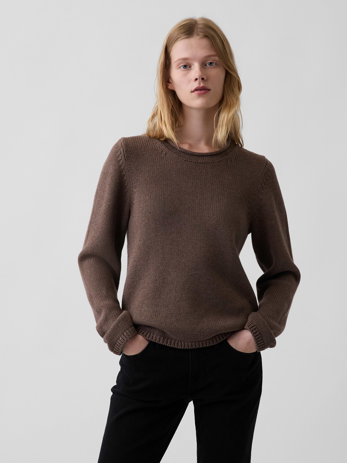 100% Cotton Rollneck Sweater - Cool brown heather