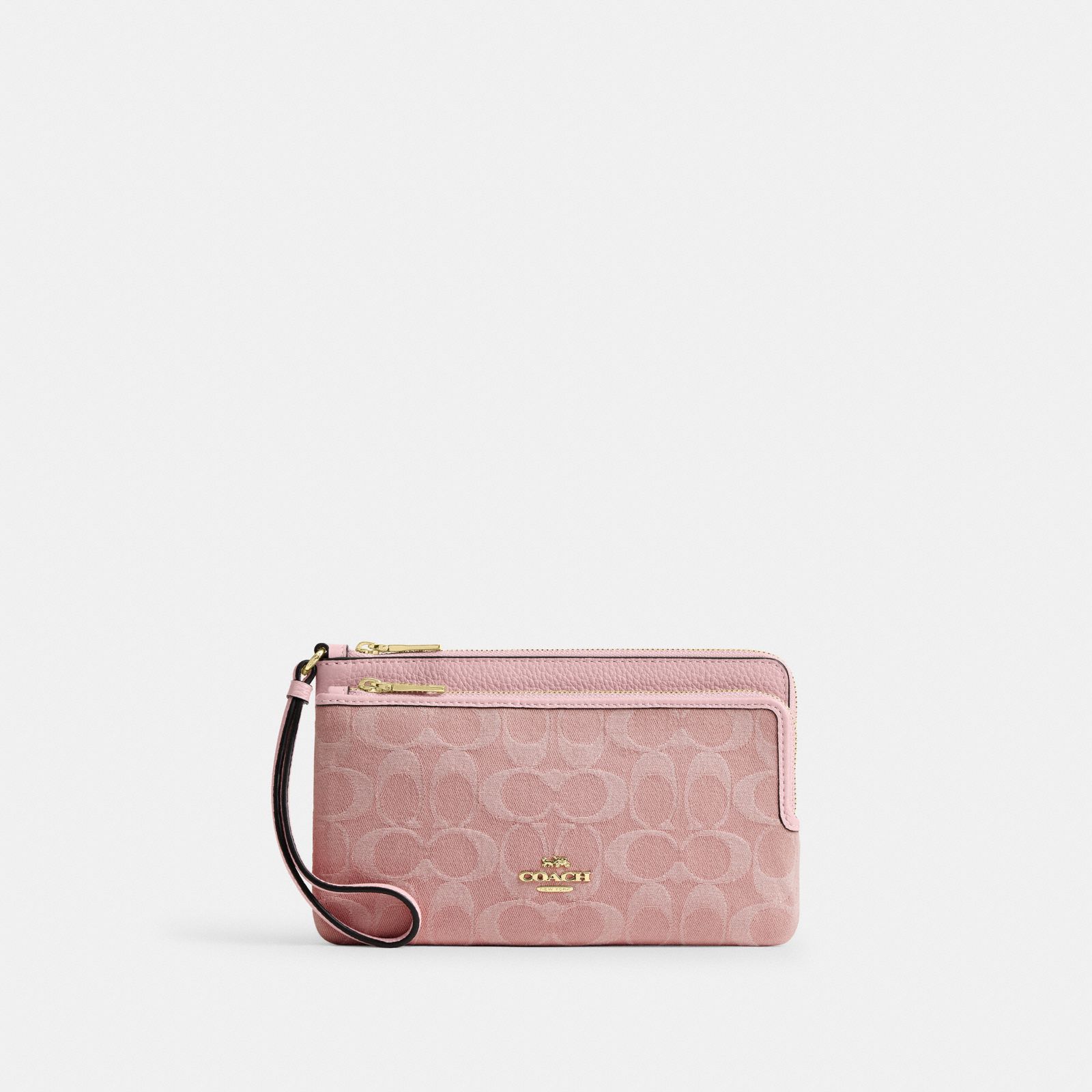 Double Zip Wallet In Signature Denim - Gold/Light Pink