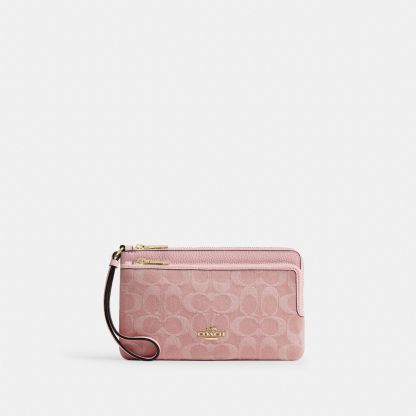 Double Zip Wallet In Signature Denim - Gold/Light Pink