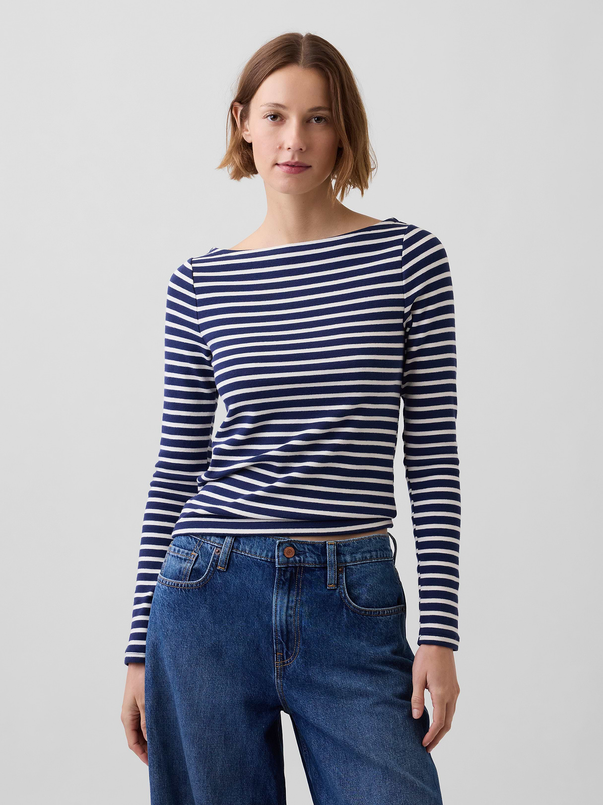 Modern Boatneck T-Shirt - Navy blue & white stripe