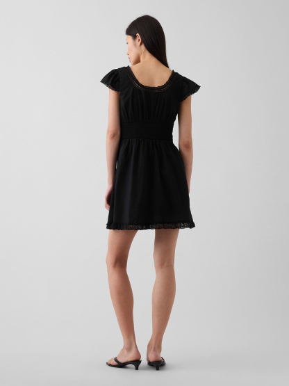 Scoop Neck Lace-Trim Mini Dress - True black