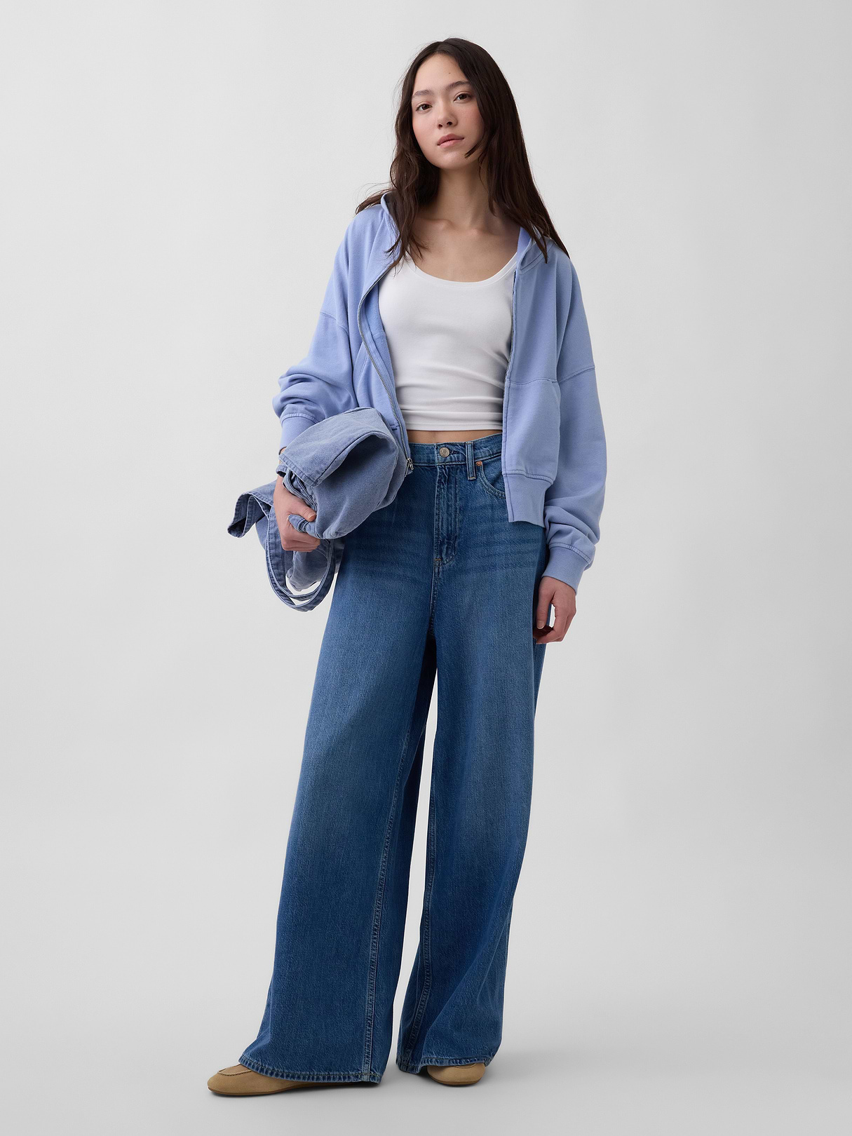 VintageSoft Terry Oversized Wedge Zip Hoodie - Moonstone blue