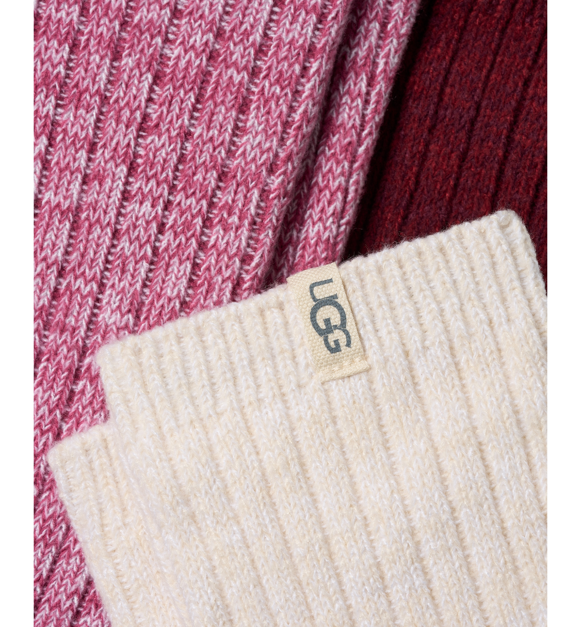 UGG® Women's 3-Piece Rib Knit Slouchy Crew Socks - Strawberry / Cream / Coffee Berry