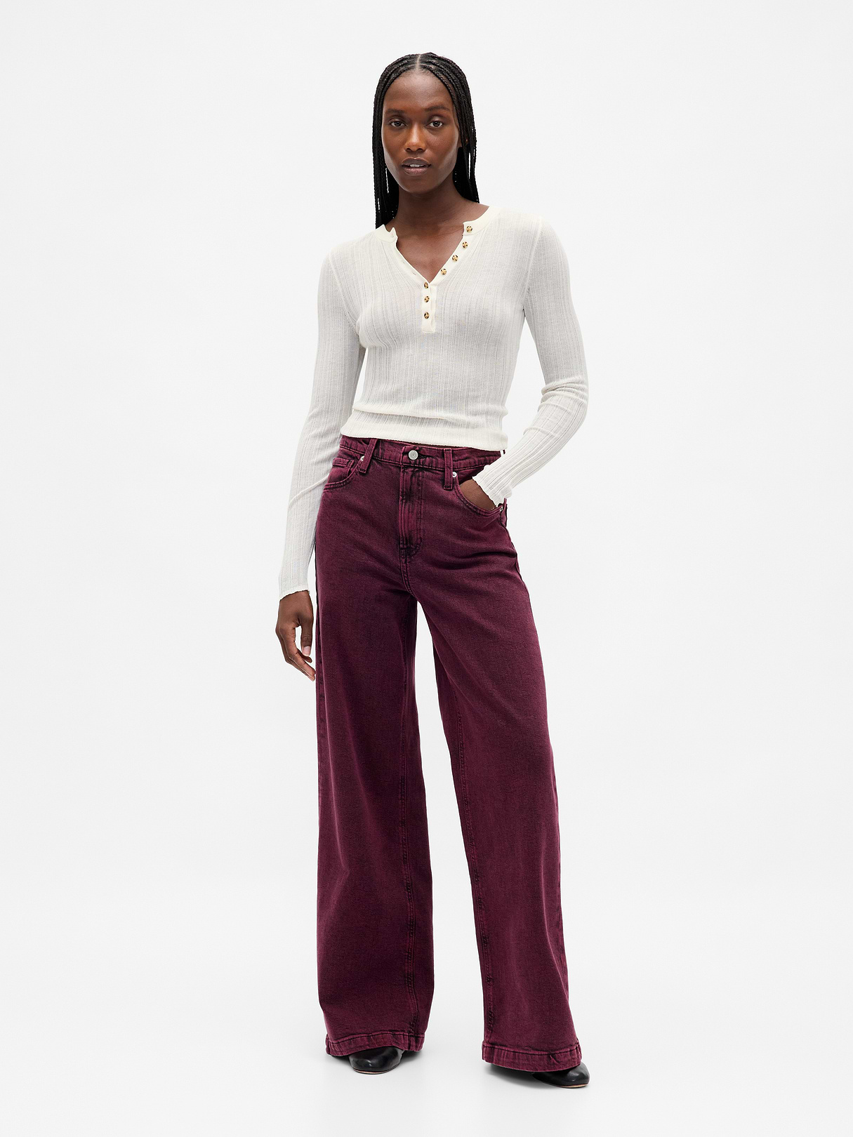 High Rise Stride Cuffed Wide-Leg Jeans - Red