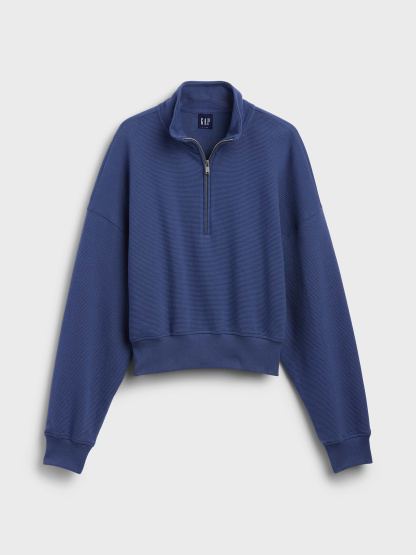 Textured Cotton Oversized Half-Zip Pullover - Blue