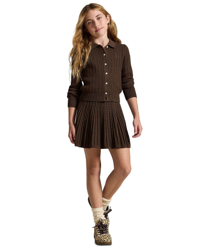 Polo Ralph Lauren Girls' 7-16 Polo Cardigan Sweater and Skirt, 2-Piece Set - Nutmeg Brown