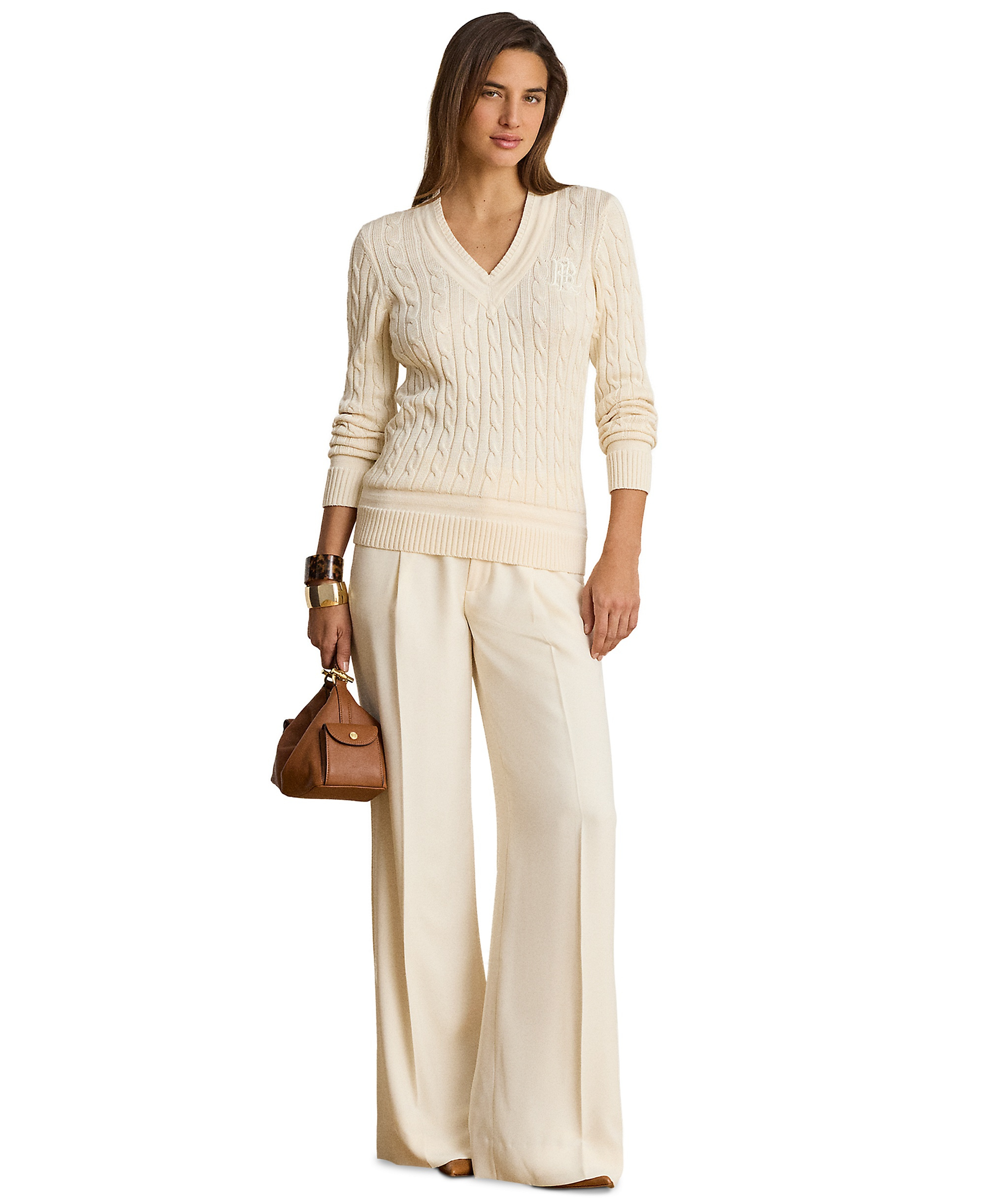 Lauren Ralph Lauren Women's Long-Sleeve V-Neck Cable Knit Sweater - Mascarpone Cream