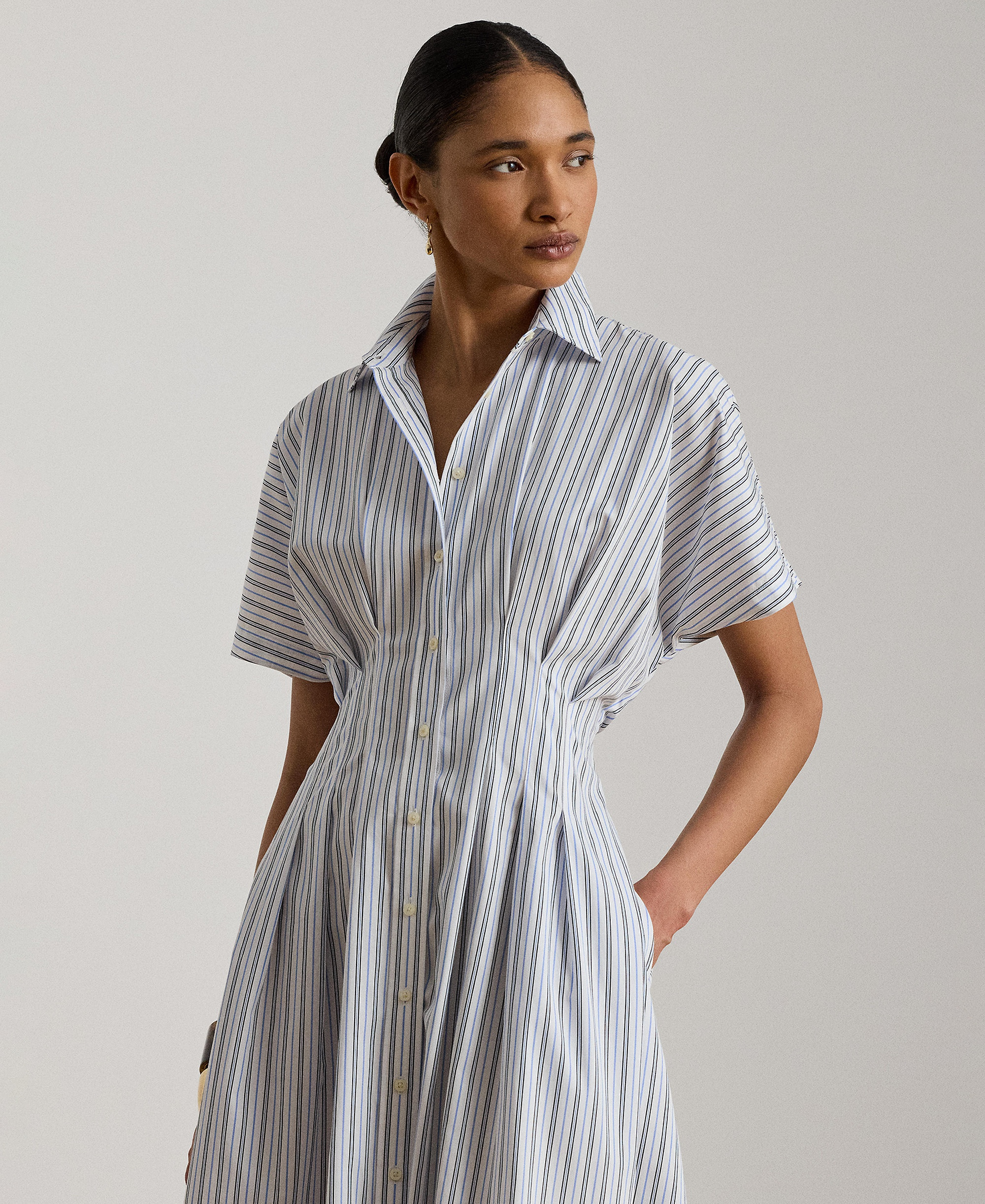 Lauren Ralph Lauren Women's Point Collar Striped Pleated Broadcloth Shirt-Dress - Blue Multi