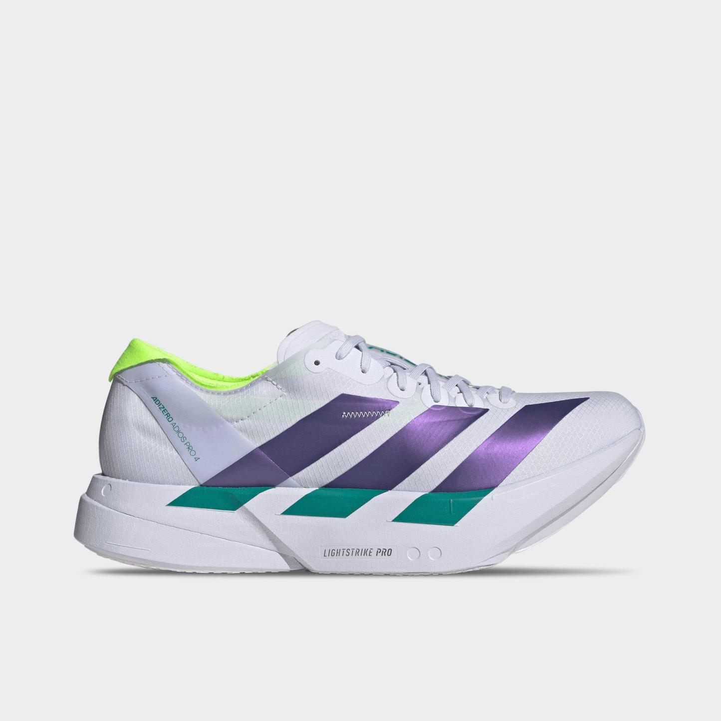 Men's adidas Adizero Adios Pro 4 Running Shoes - Frozen Purple/Solar Purple/Signal Green - Left shoe facing left. Outside of the shoe.