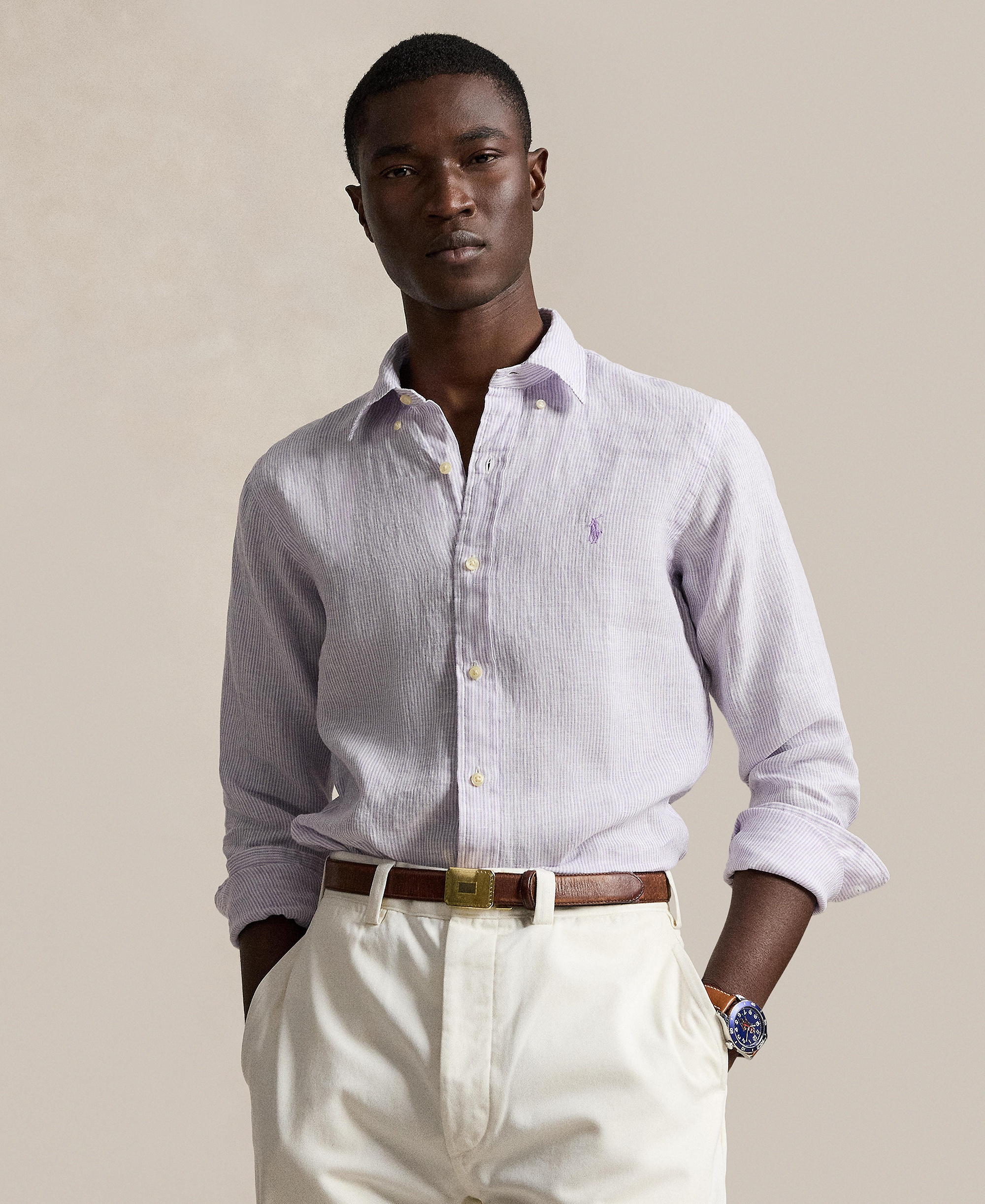 Polo Ralph Lauren Men's Striped Linen Classic-Fit Shirt - Powder Purple/White
