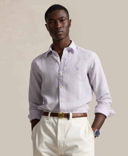 Polo Ralph Lauren Men's Striped Linen Classic-Fit Shirt - Powder Purple/White