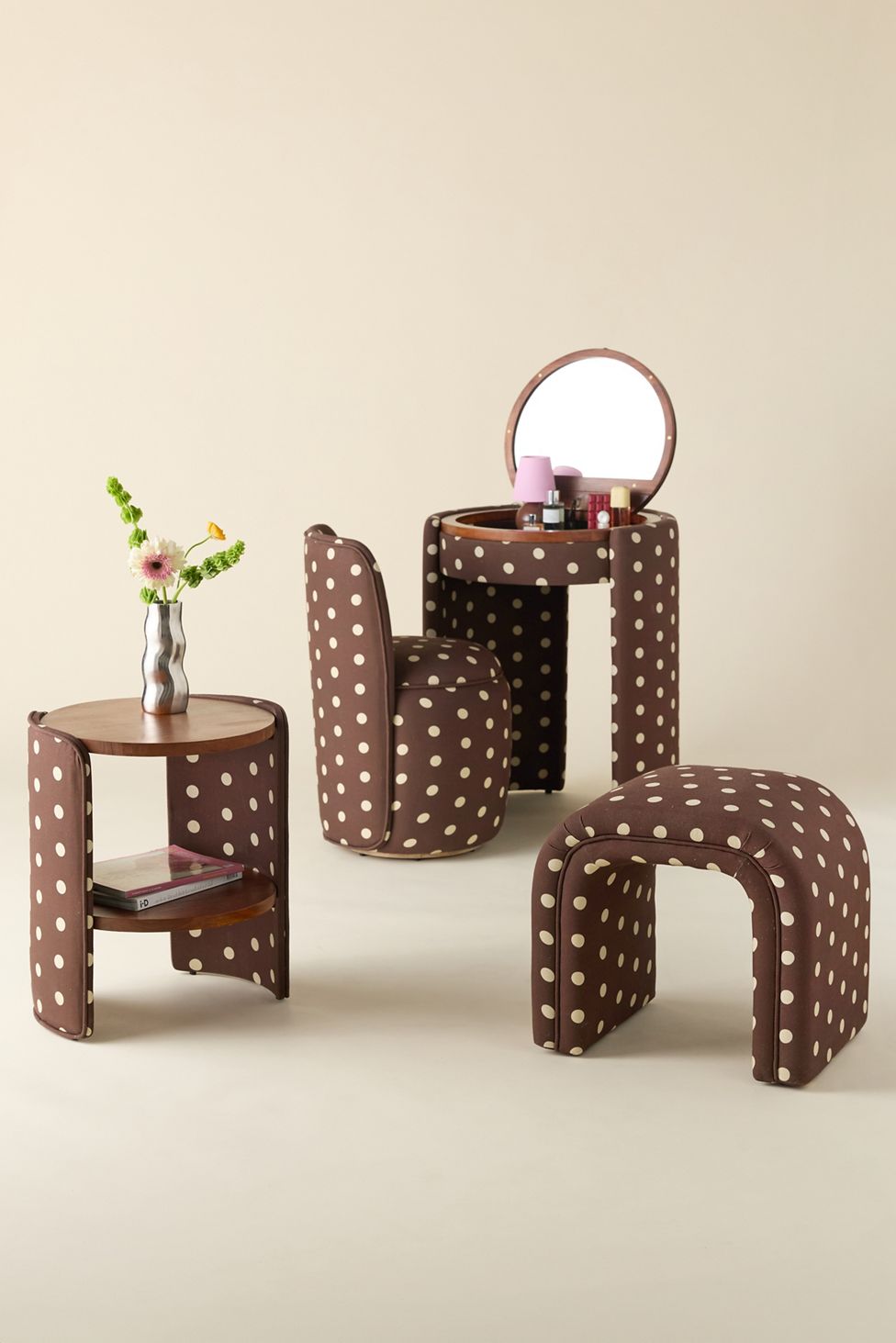 Jane Upholstered Vanity & Stool Set - Brown/Ivory Polka Dot - view 6