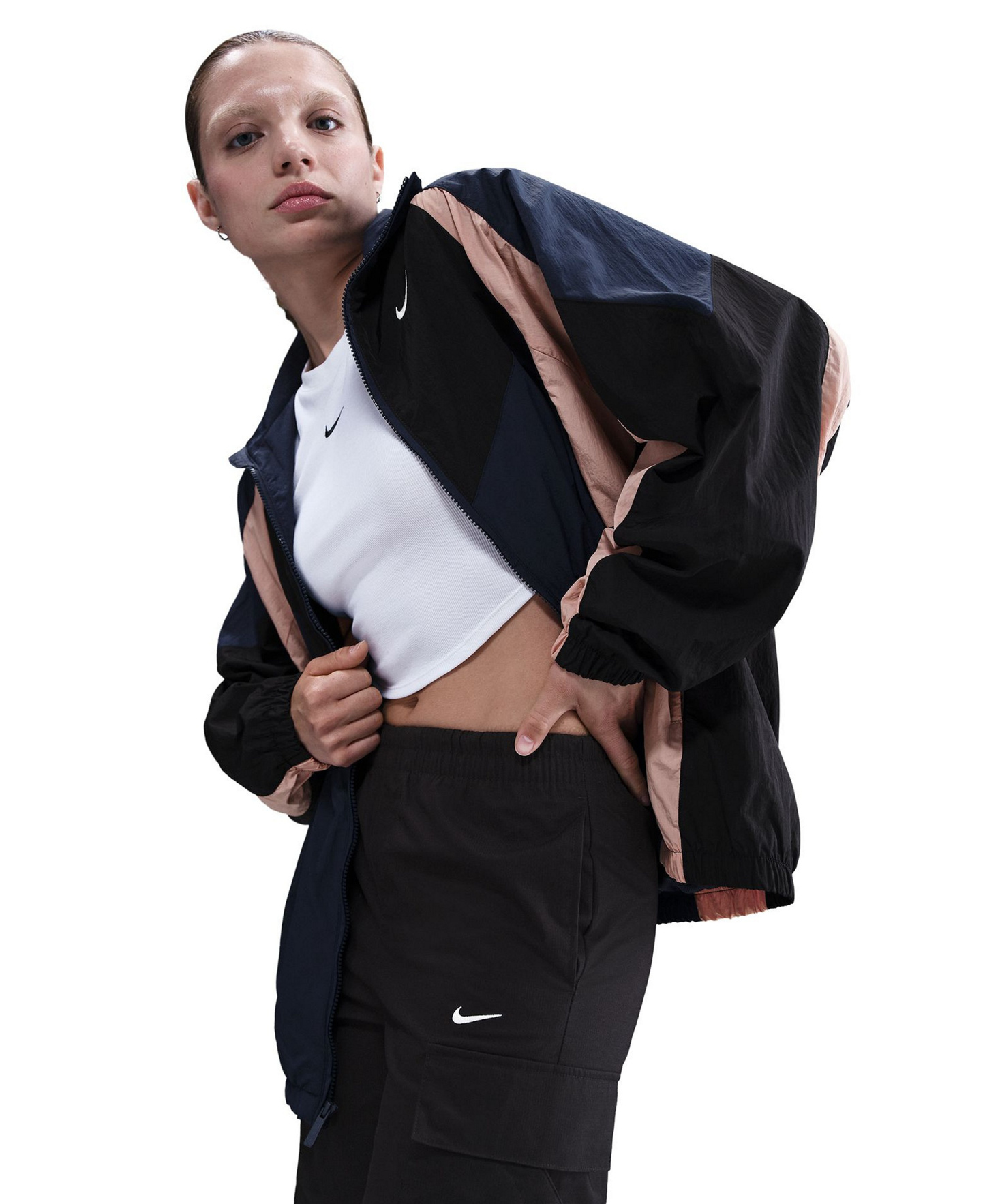 Nike Women's Sportswear Colorblocked Oversized Track Jacket - Midnight Navy/black/particle Pink/sail