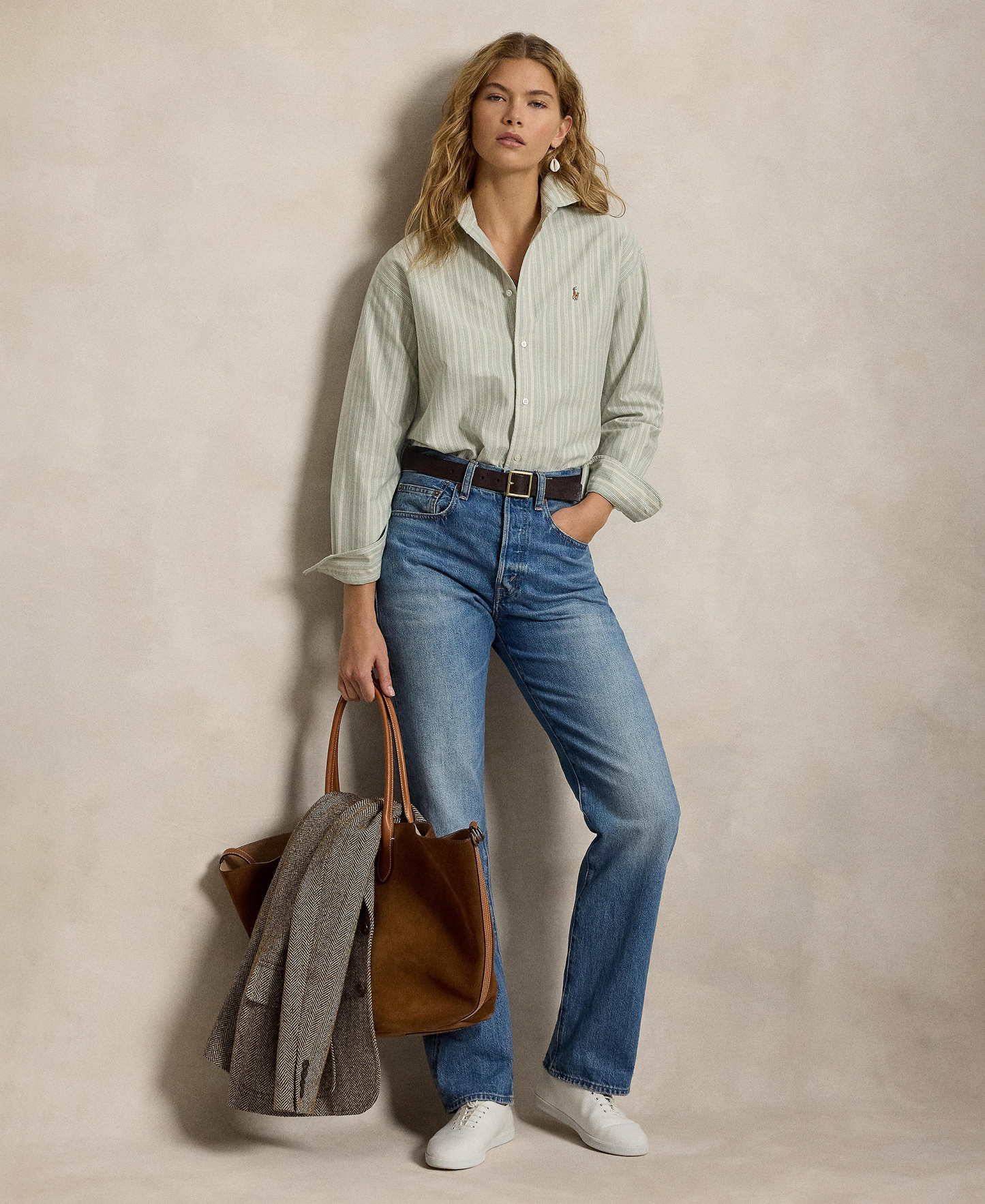 Polo Ralph Lauren Women's Point Collared Relaxed-Fit Shirt - Green Pink