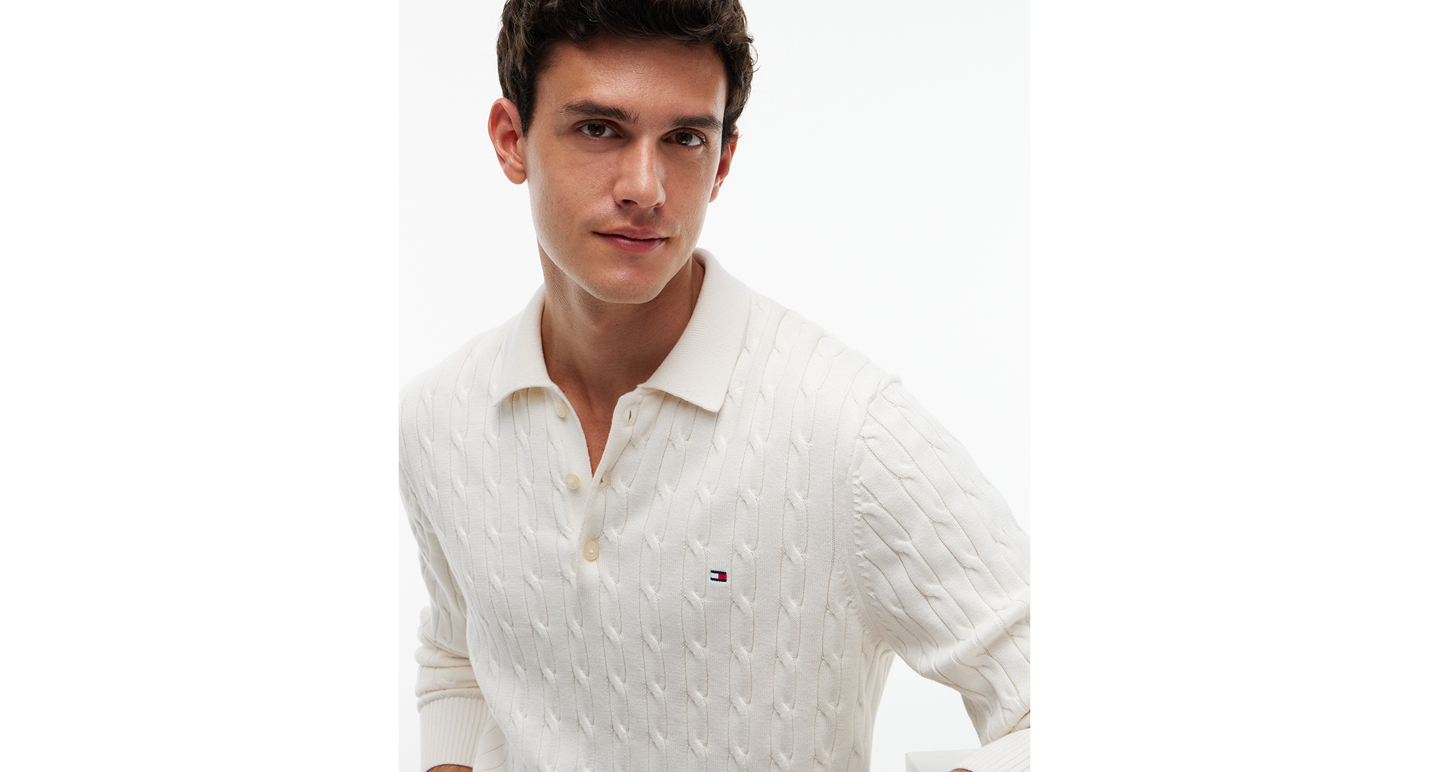 Tommy Hilfiger Men's Classic Cotton Cable-Knit Regular-Fit Sweater Polo - Ivory Petal