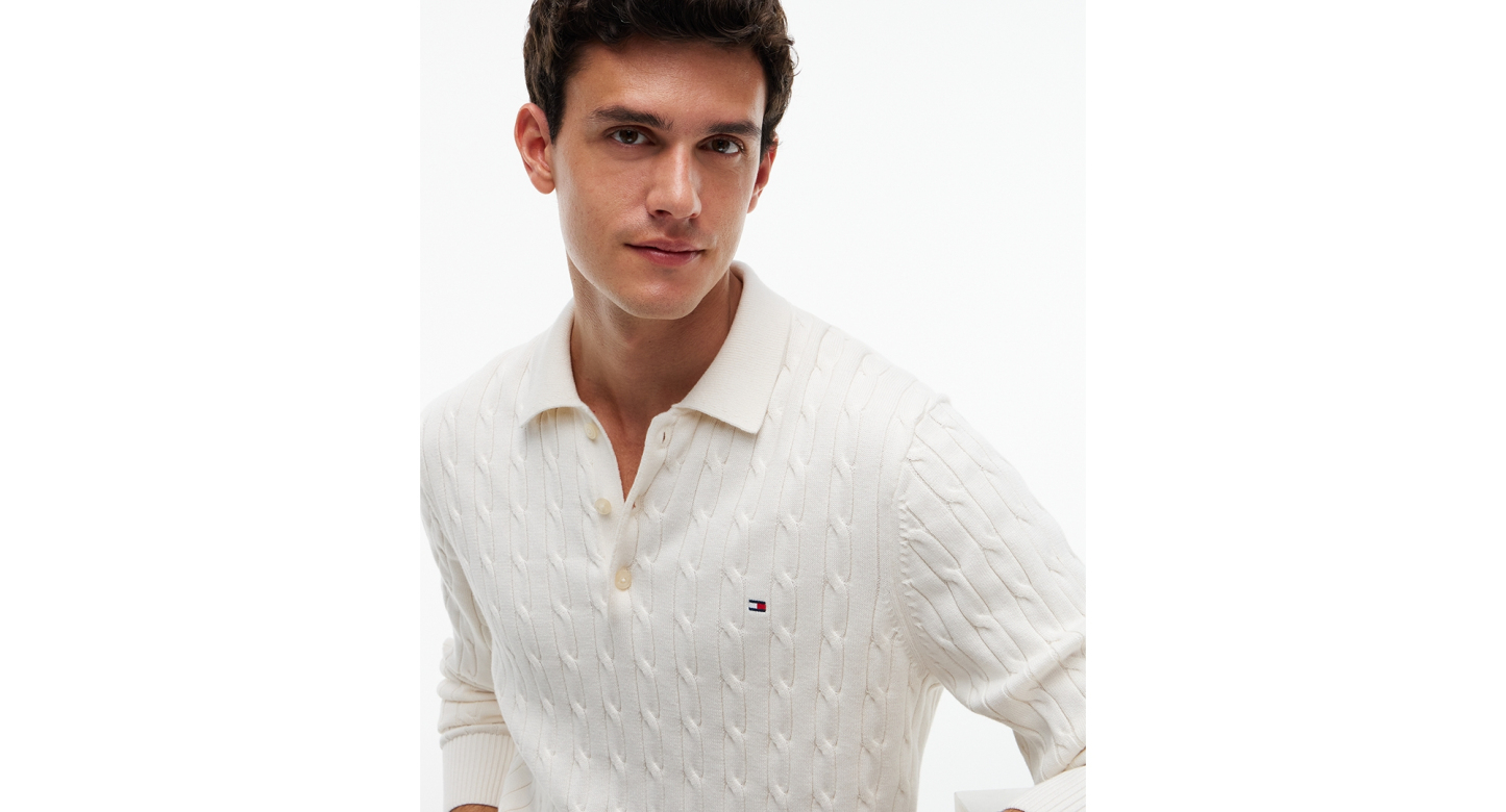 Tommy Hilfiger Men's Classic Cotton Cable-Knit Regular-Fit Sweater Polo - Ivory Petal