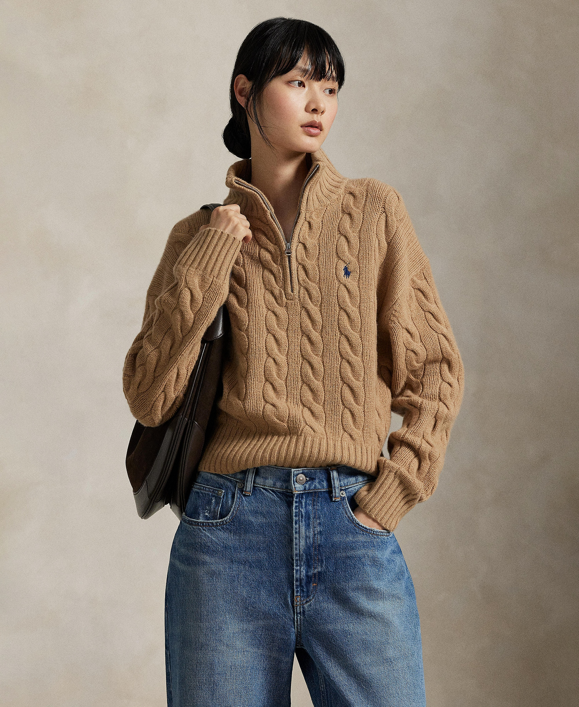 Polo Ralph Lauren Women's Cable-Knit Half-Zip Wool-Cashmere Sweater - Collection Camel Melange