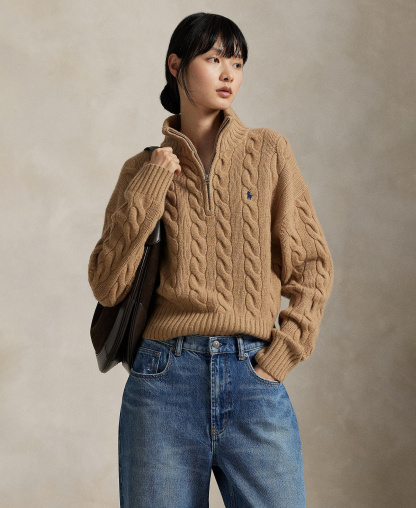 Polo Ralph Lauren Women's Cable-Knit Half-Zip Wool-Cashmere Sweater - Collection Camel Melange