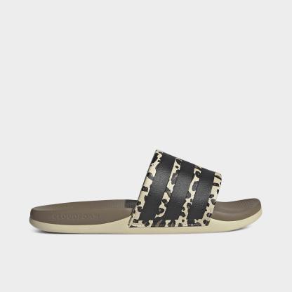 Women's adidas Adilette Comfort 2.0 Slide Sandals - Crystal Linen/Core Black/Crystal Linen - Left shoe facing left. Outside of the shoe.