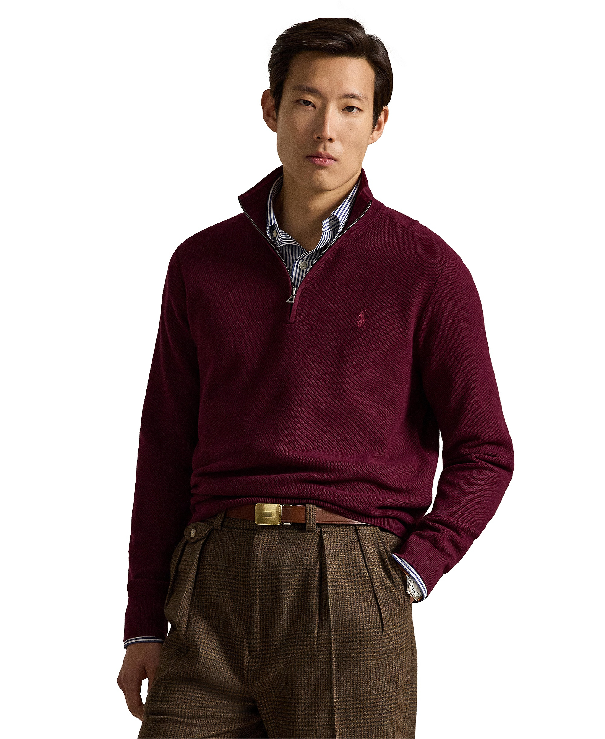 Polo Ralph Lauren Men's Mesh-Knit Cotton Quarter-Zip Sweater - Merlot Wine Heather