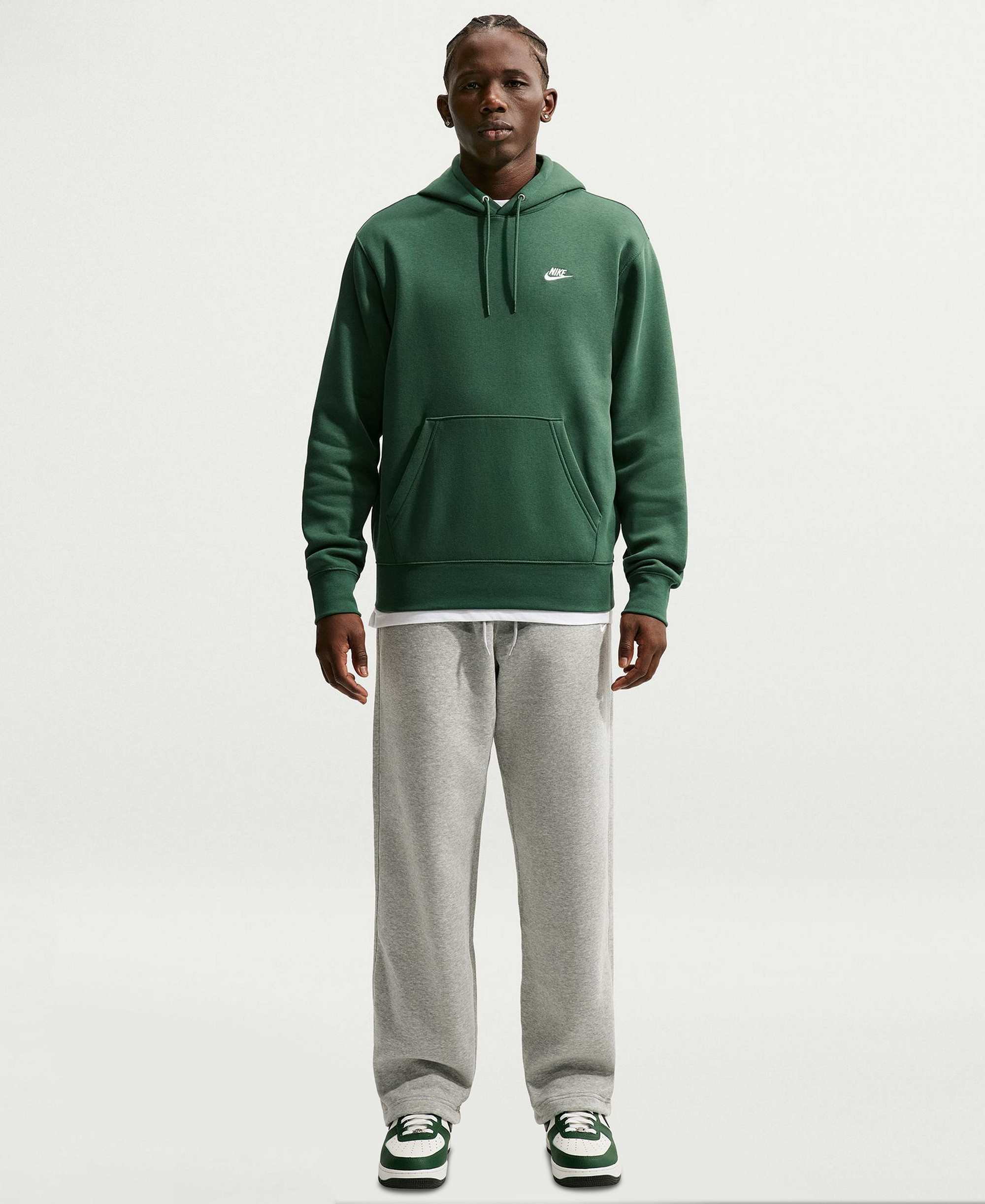 Nike Men's Club Pullover Fleece Hoodie Logo - Fir/White