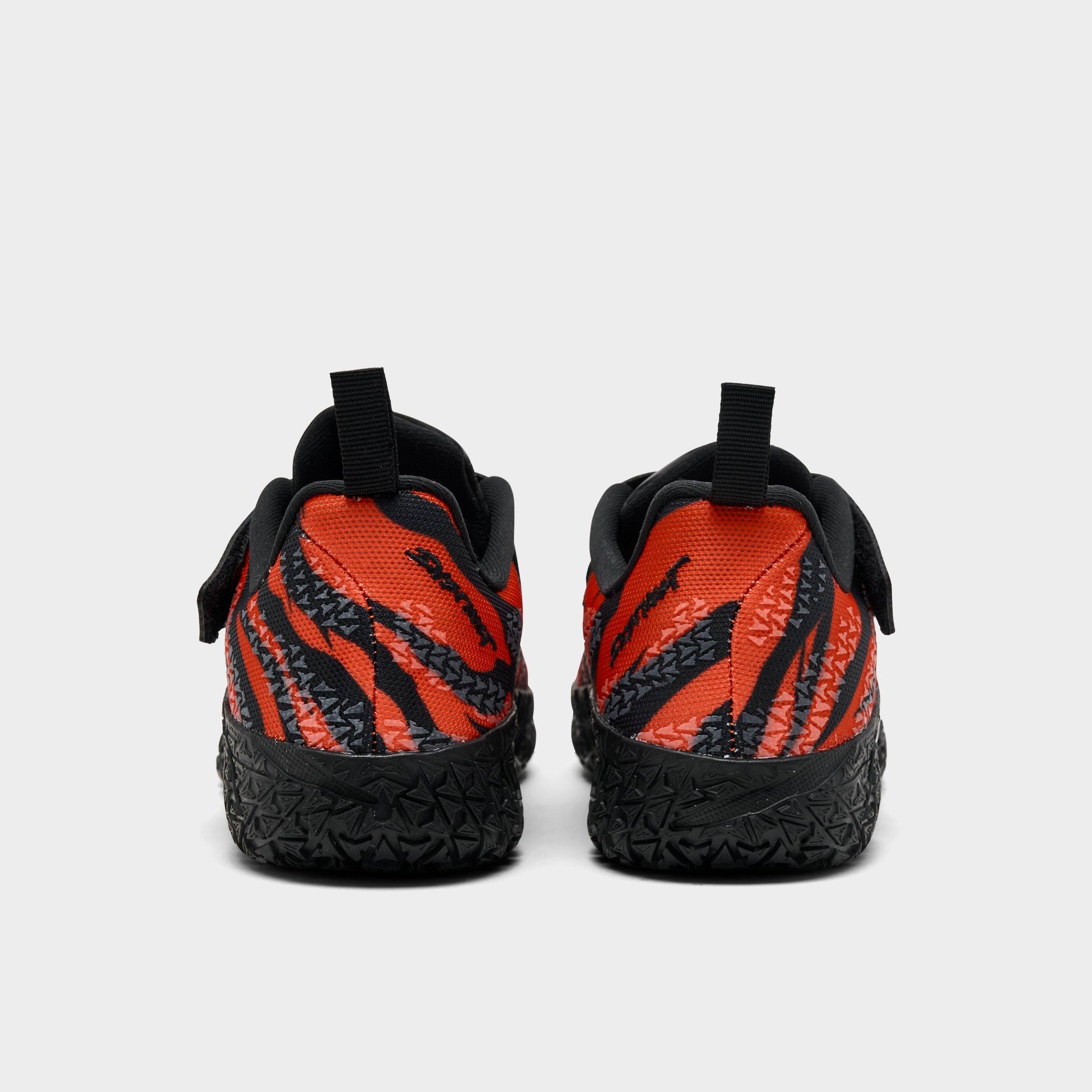 Little Kids' Nithtke Ja 3 Stretch Lace Basketball Shoes - Safety Orange/Black/University Red - Back view