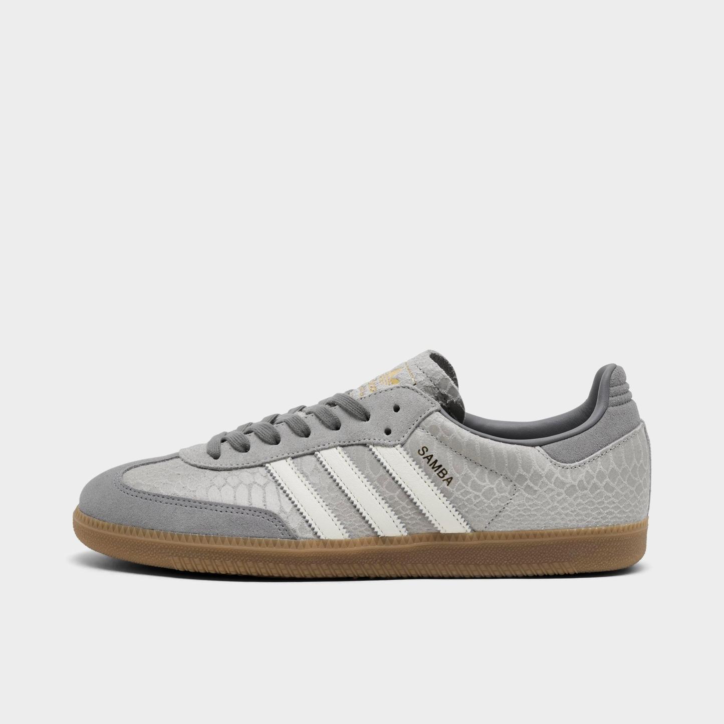 Men's adidas Originals Samba OG Casual Shoes - Part 1 - Grey/Off White/Gum - Left shoe facing left. Outside of the shoe.