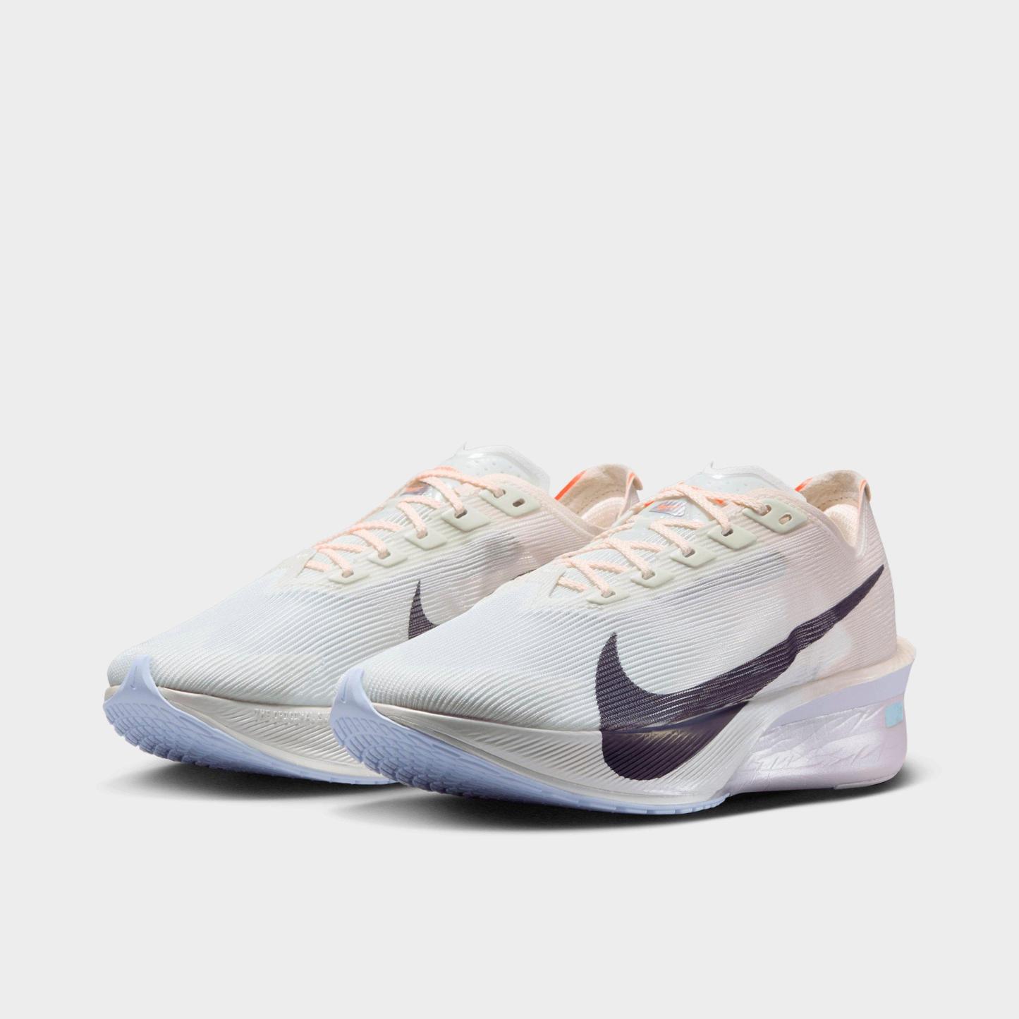 Women's Nithtke Vaporfly 4 Running Shoes - Barely Green/Chalk/Hyper Crimson/Purple Dynasty - Both shoes facing left