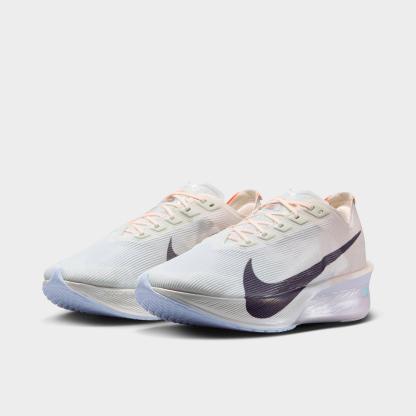Women's Nithtke Vaporfly 4 Running Shoes - Barely Green/Chalk/Hyper Crimson/Purple Dynasty - Both shoes facing left