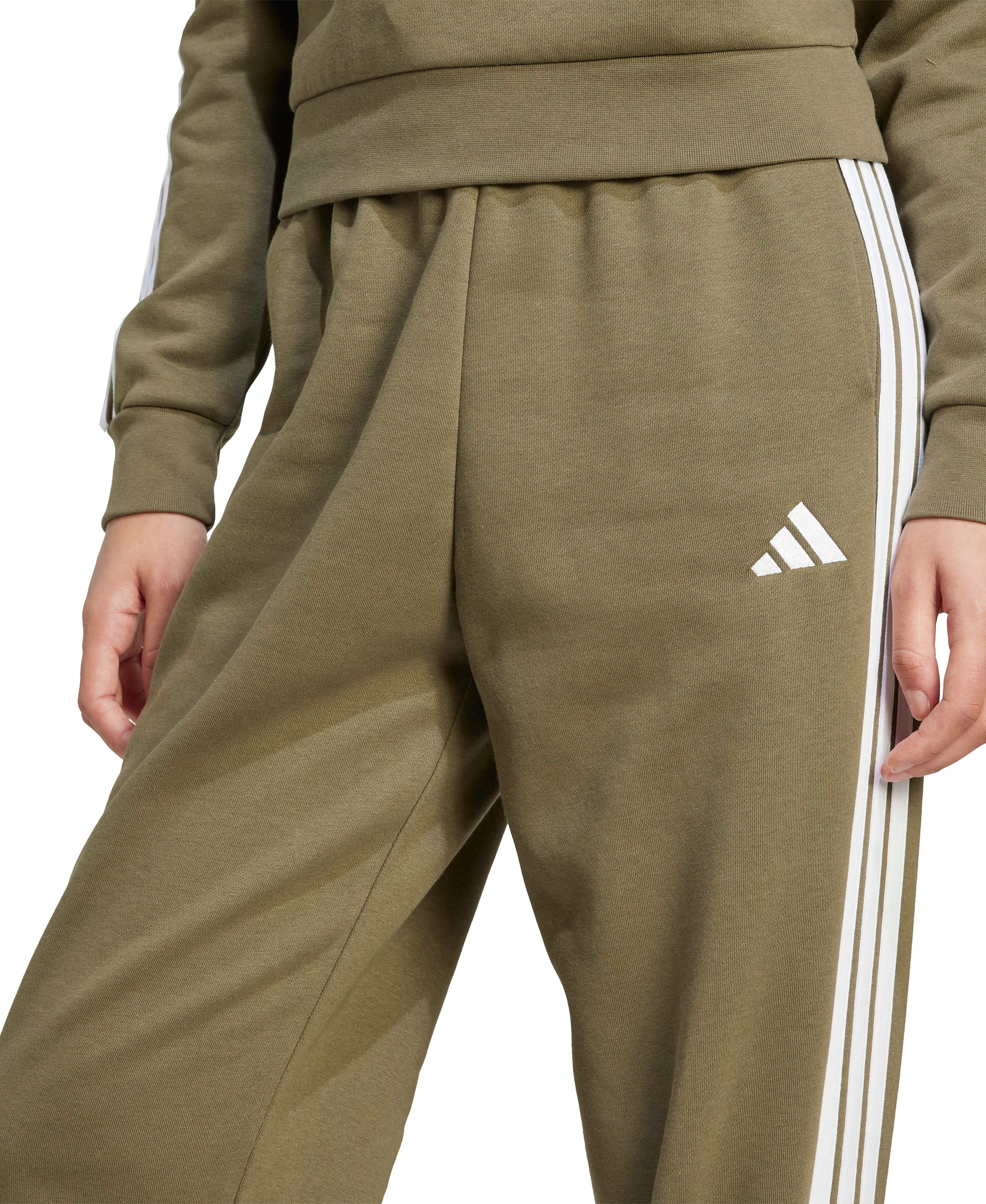 adidas Women's Essentials 3-Stripes Pull-On Fleece Loose Pants - Olive Strata/White