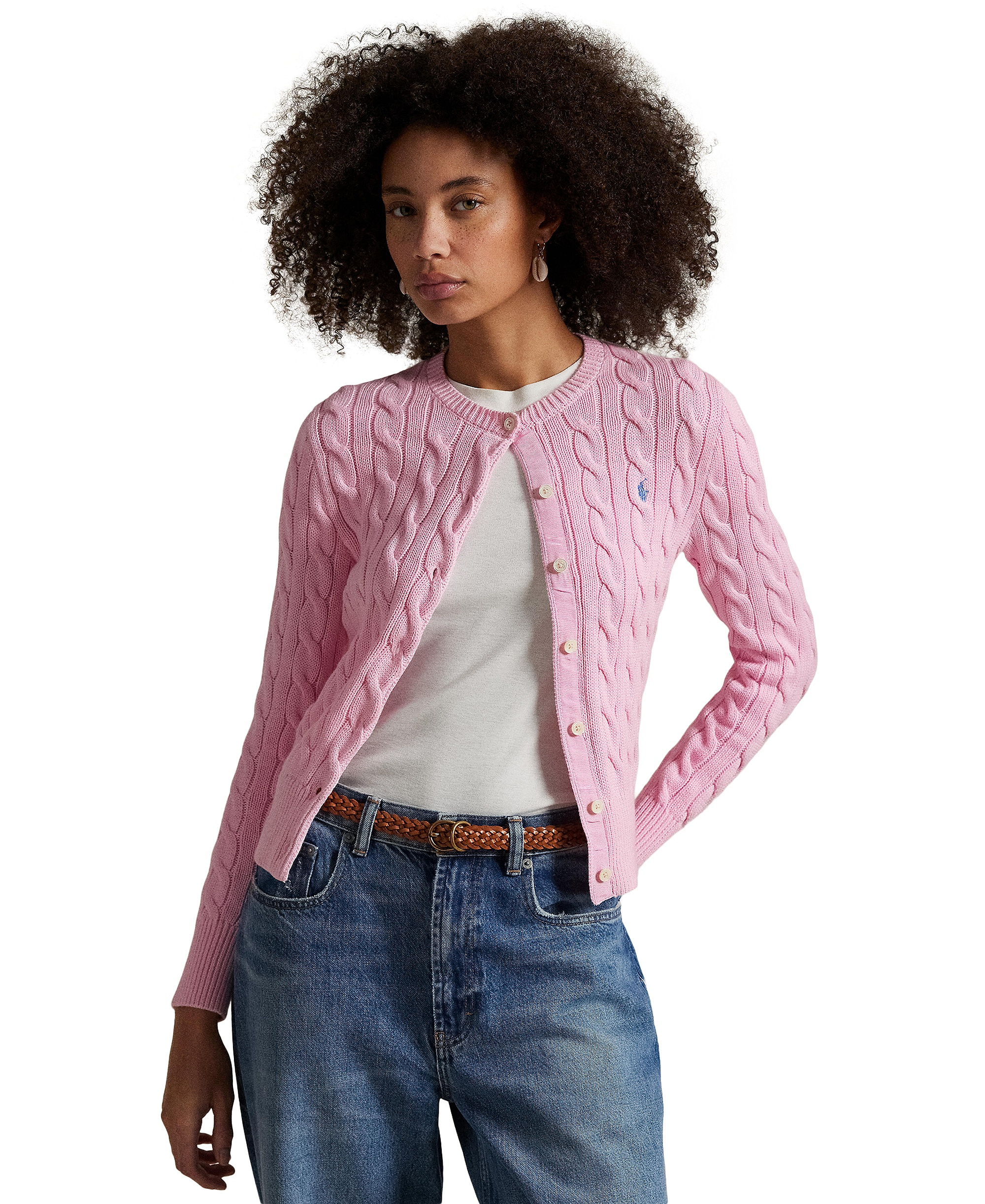 Polo Ralph Lauren Women's Cable-Knit Cotton Crewneck Cardigan Sweater - Carmel Pink