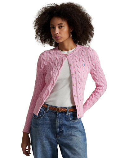 Polo Ralph Lauren Women's Cable-Knit Cotton Crewneck Cardigan Sweater - Carmel Pink