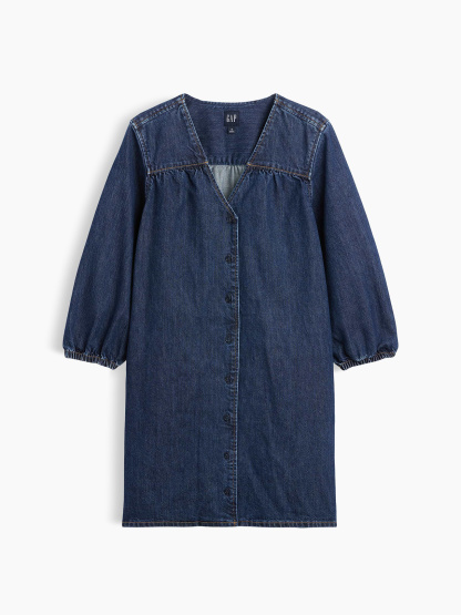 Denim V-Neck Shift Mini Dress - dark wash