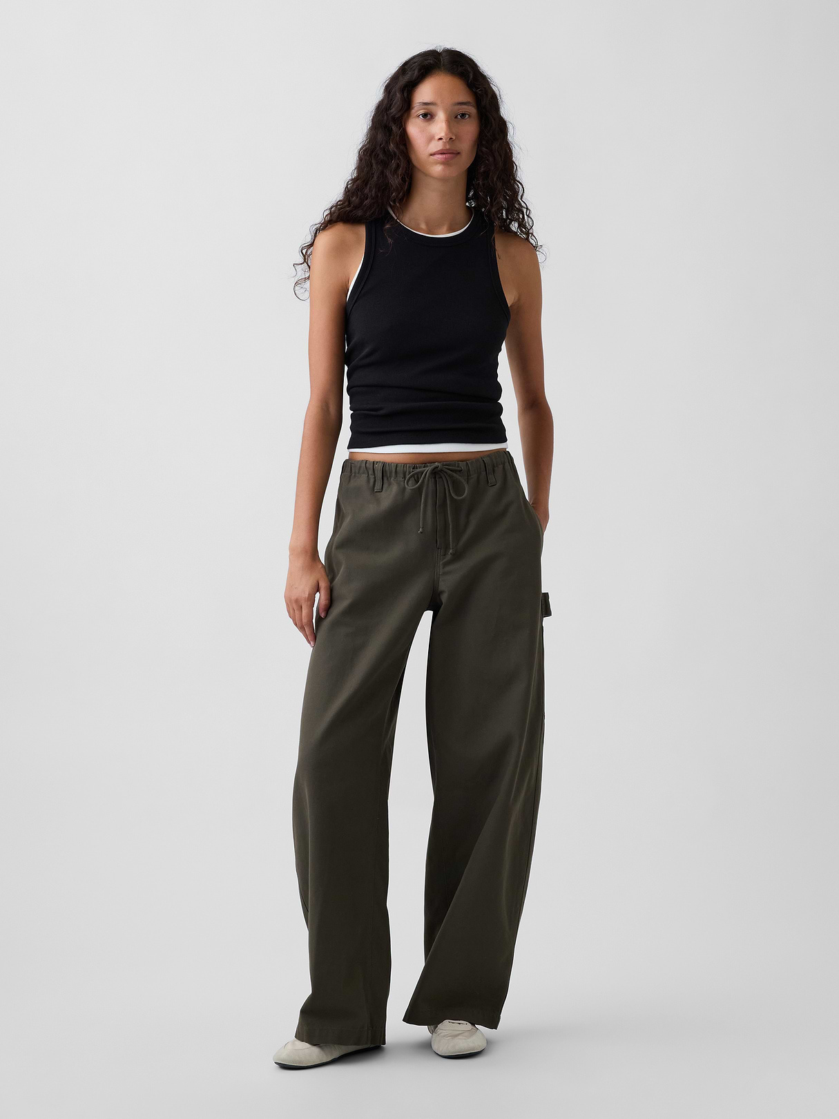 Canvas Easy Baggy Barrel Cargo Pants - Bamboo green
