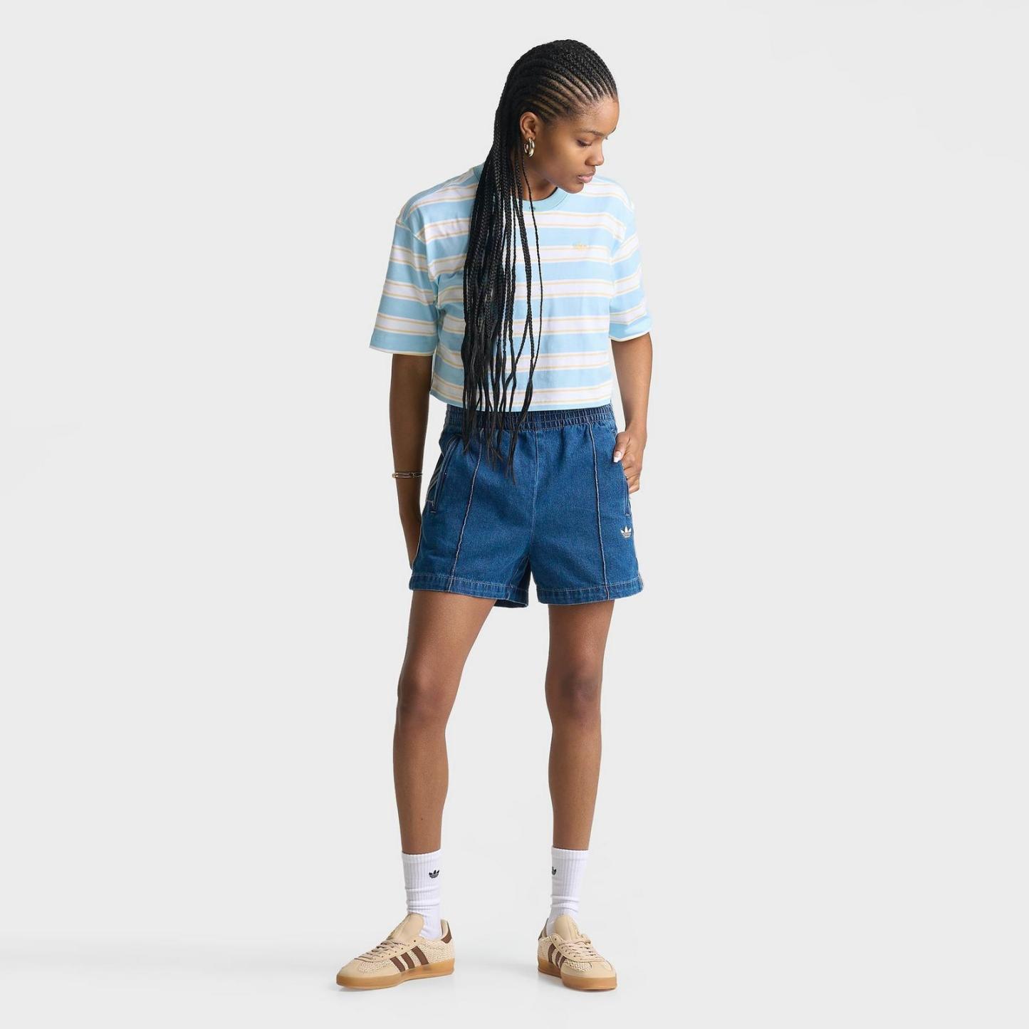 Women's adidas Originals Striped Oversized Cropped T-Shirt - Icey Blue/Orange Tint - view 2