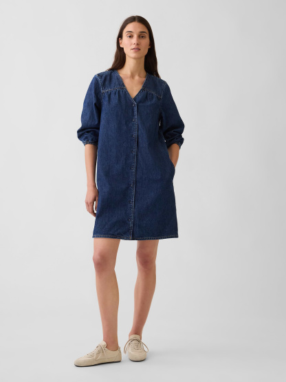 Denim V-Neck Shift Mini Dress - dark wash