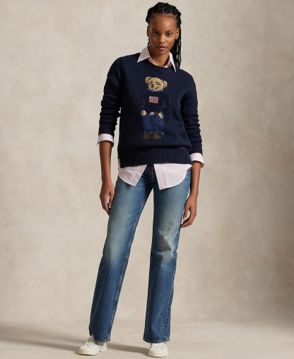 Polo Ralph Lauren Women's Polo Bear Linen-Cotton Crewneck Sweater - Navy Multi