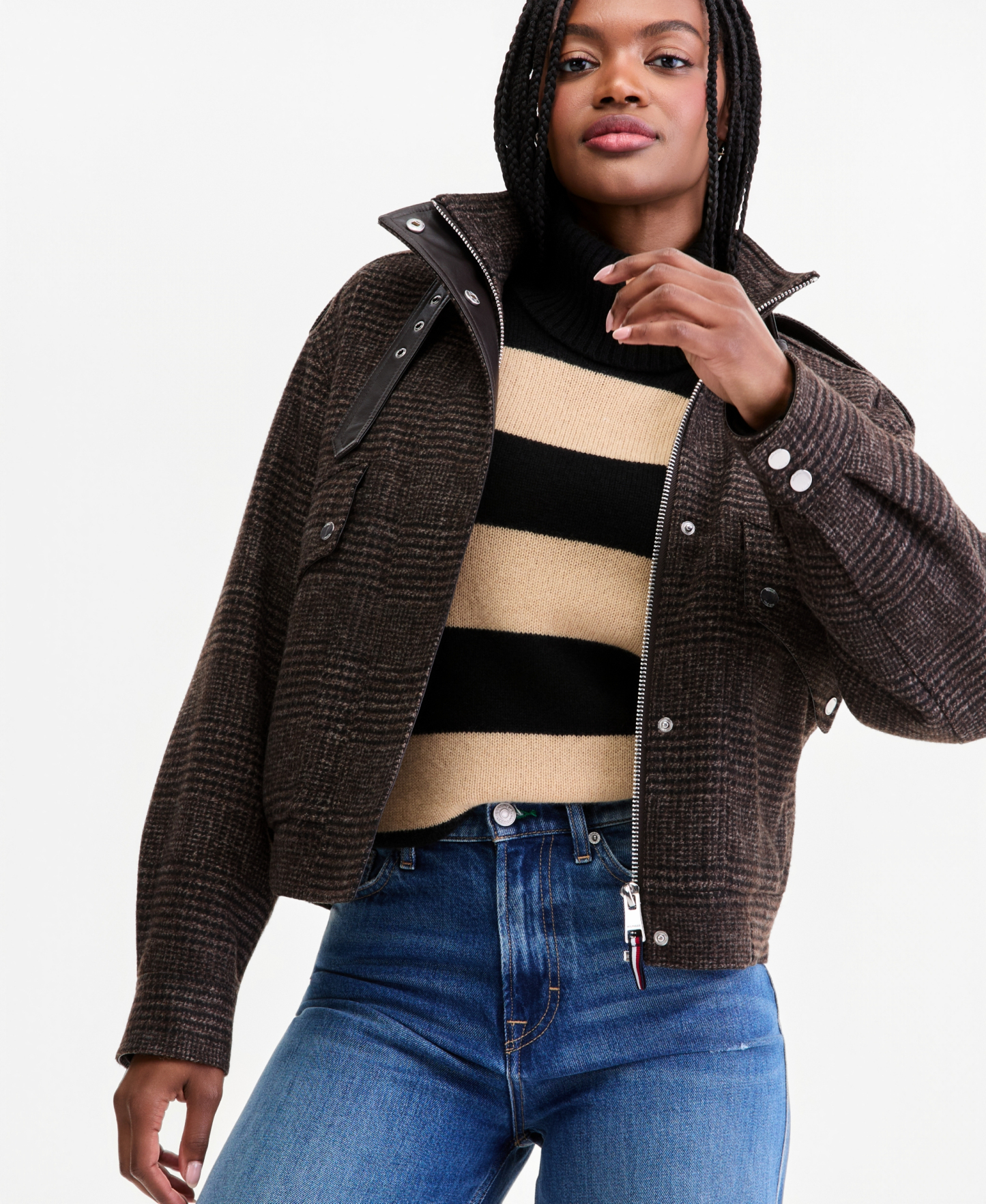 Tommy Hilfiger Women's Stand-Collar Bomber Jacket - Brown Plaid