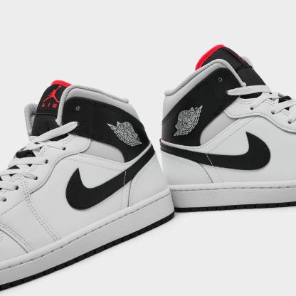 Men's Air Jordan Retro 1 Mid Casual Shoes - Summit White/Neutral Grey/Infrared 23/Black - Left shoe facing left. Outside of the shoe. - view 3