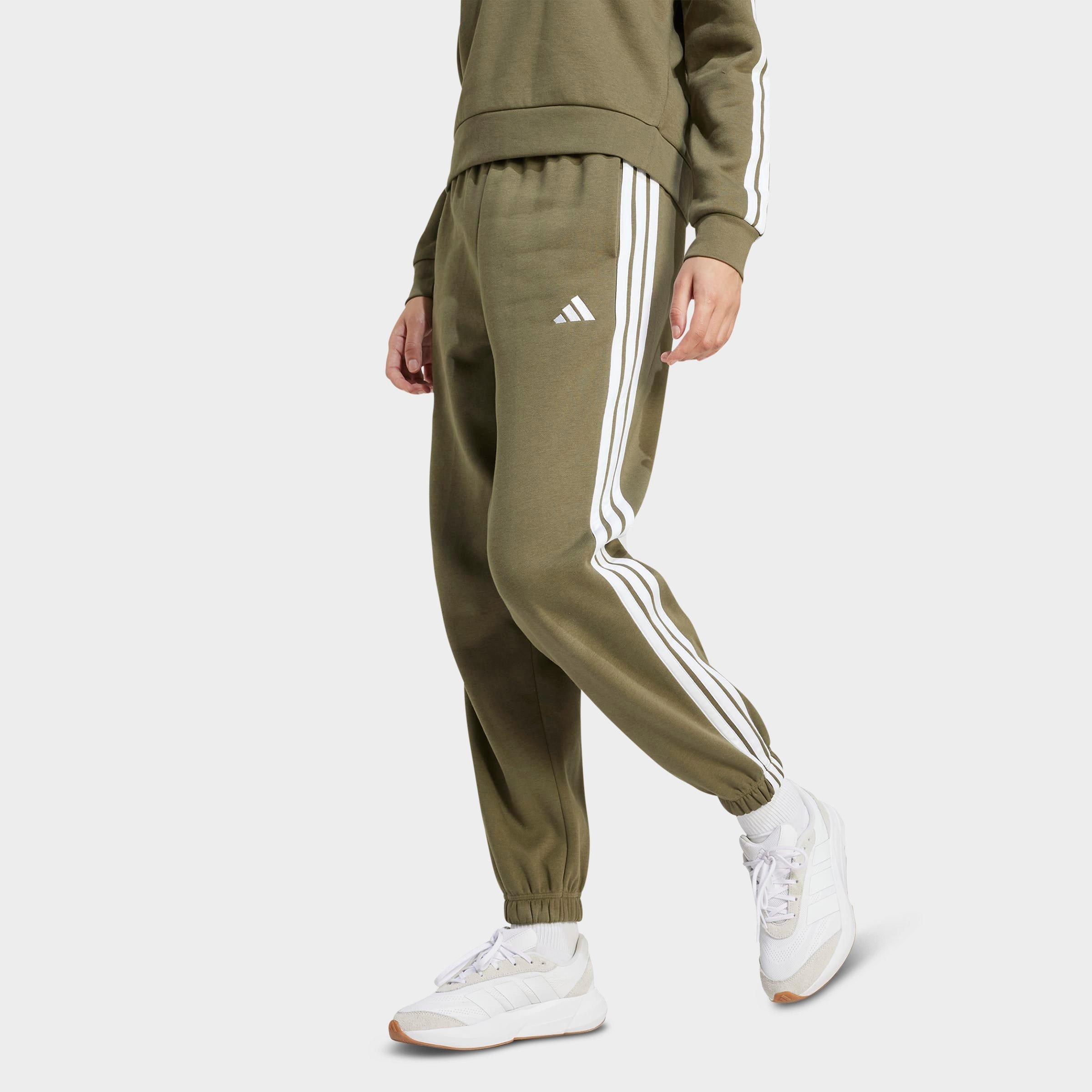 Women's adidas Essentials 3-Stripes Fleece Loose Pants - Olive Strata/White