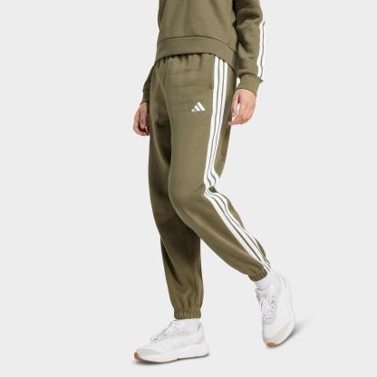 Women's adidas Essentials 3-Stripes Fleece Loose Pants - Olive Strata/White