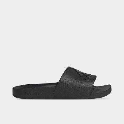 adidas adilette Aqua Slide Sandals - Black/Black/Black - Left shoe facing left. Outside of the shoe.