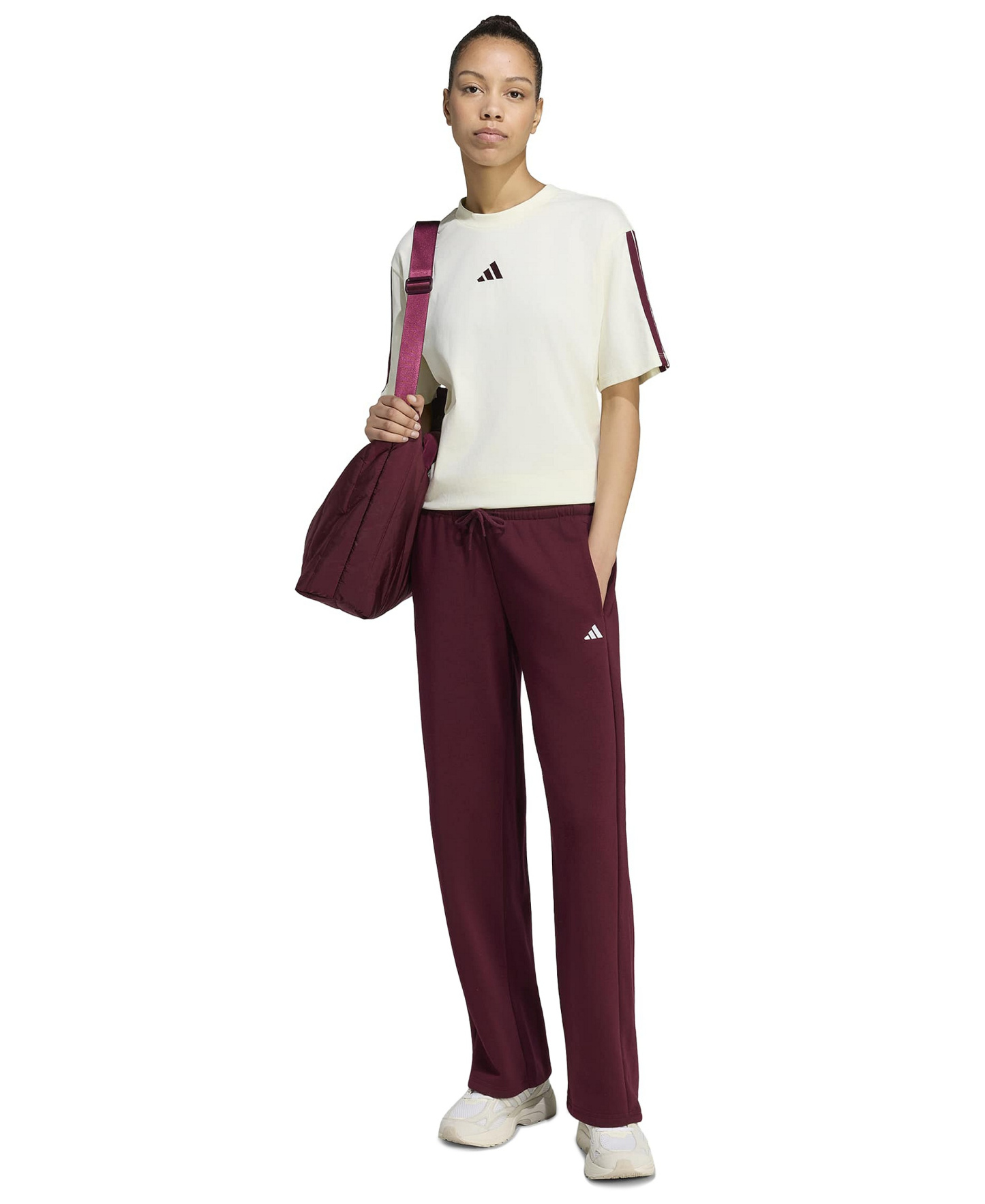 adidas Women's Essentials Small Logo Feel Cozy Open Hem Pants - Maroon/white