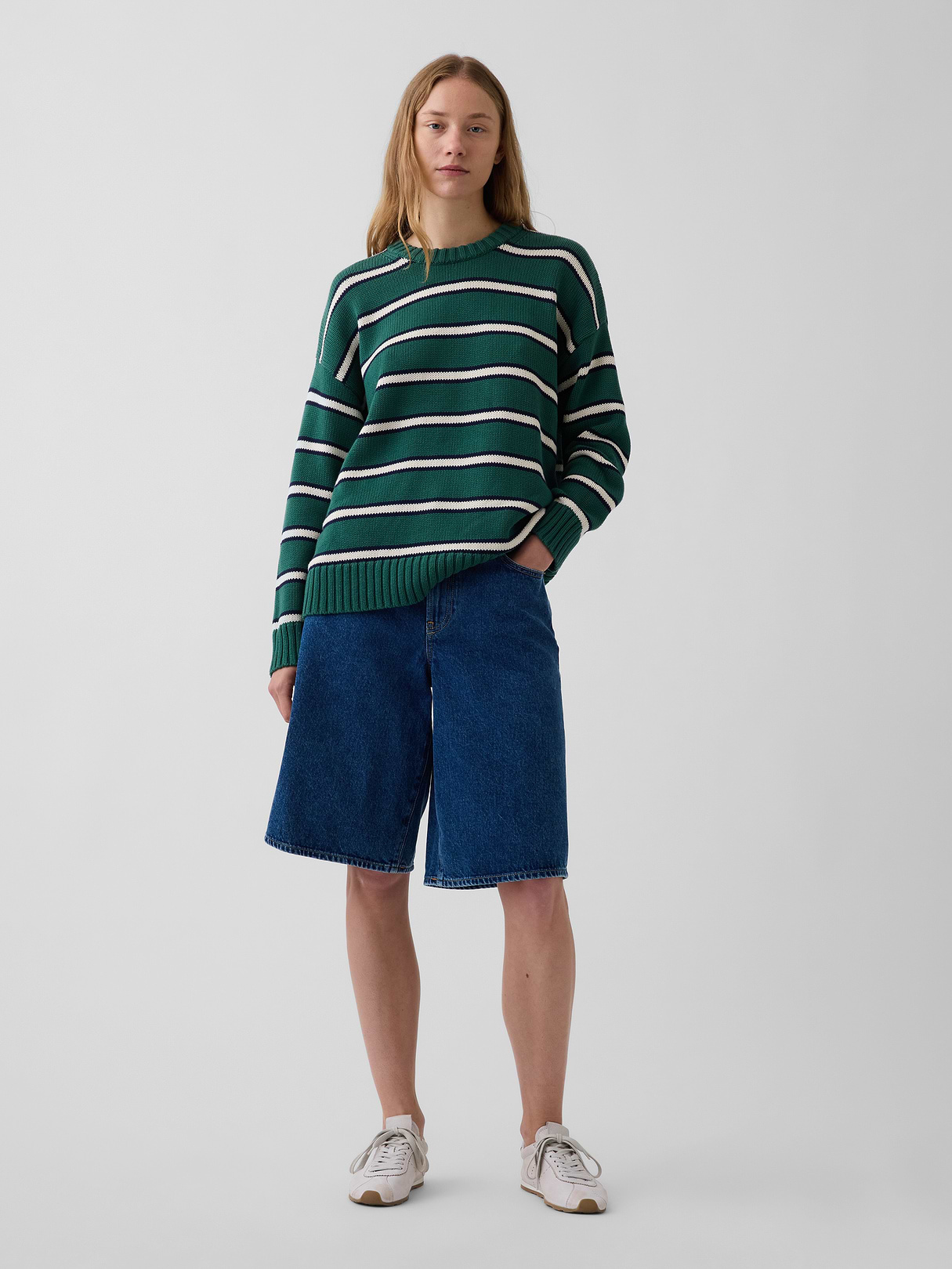 100% Cotton Oversized Sweater - Green stripe