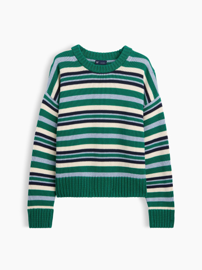 100% Cotton Oversized Crop Sweater - Green & blue stripe