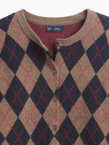 CashSoft Crop Cardigan - Brown and navy blue argyle