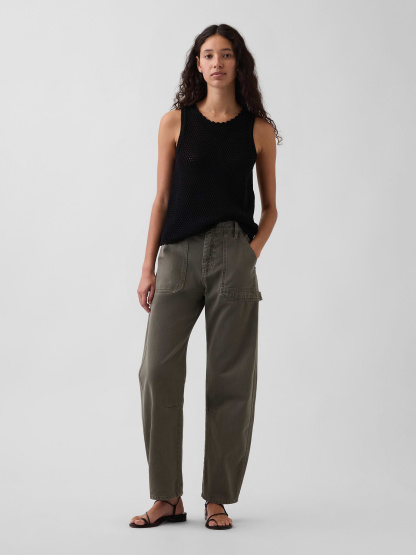 Mid Rise Barrel Utility Ankle Pants - Black moss green