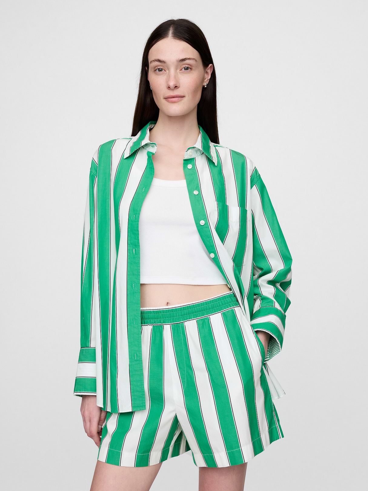 Organic Cotton Poplin Stripe Big Shirt - Green white stripe