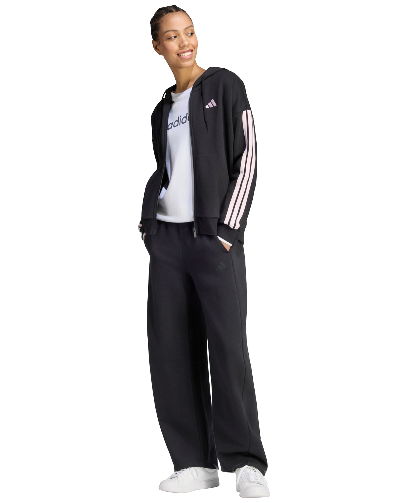 adidas Women's 3-Stripe Fleece Full-Zip Hoodie - Black/clear Pink