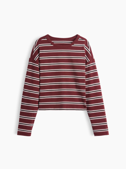 Knit Oversized Crop T-Shirt - Andorra red & brown stripe